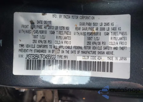 2015 Mazda Cx-9 Sport z USA, uszkodzony, nr VIN JM3TB2BA7F0465822